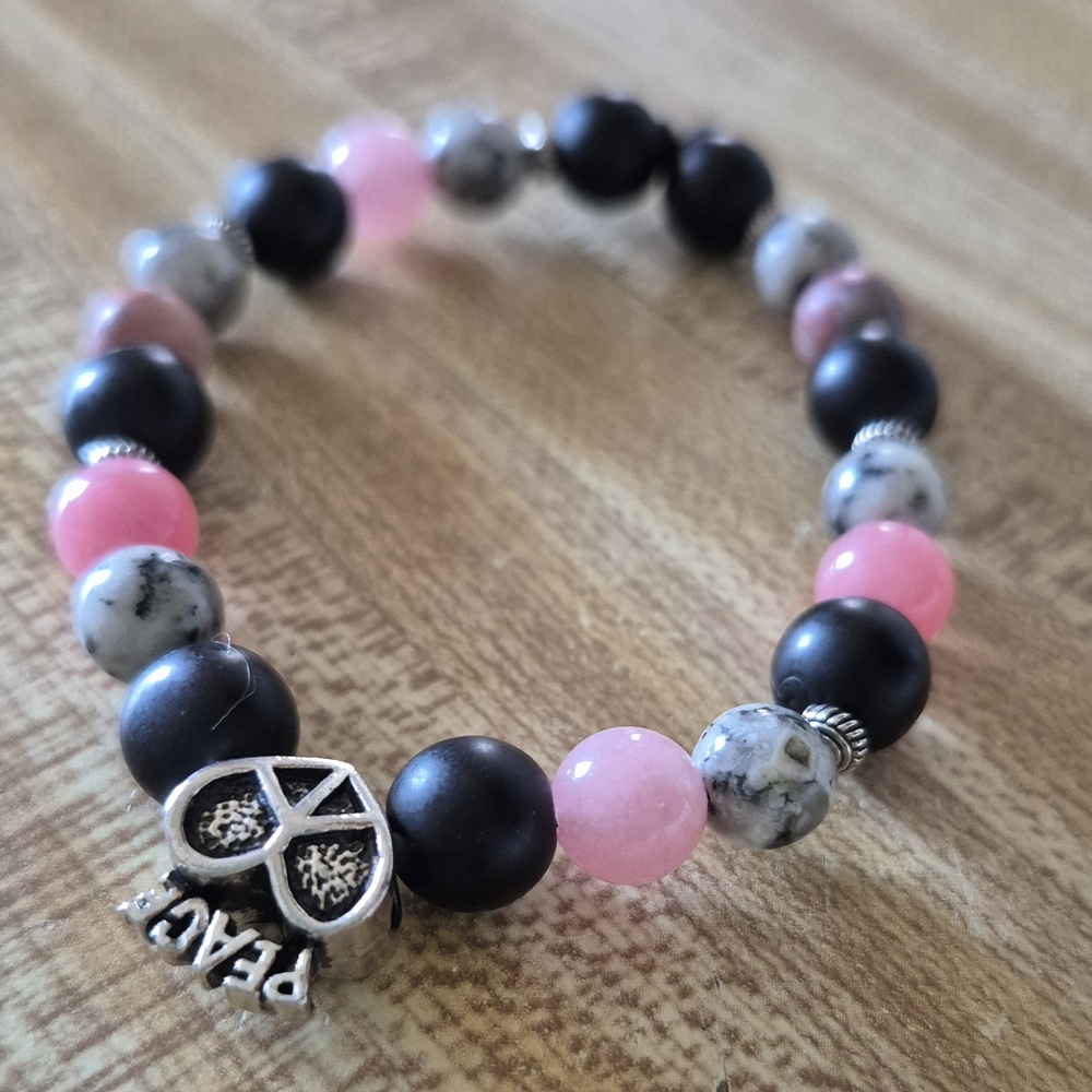 Handmade Peace Braclet With Strawberry Quartz,Mala, and Dalmation Jasper! - Picture 2 of 6